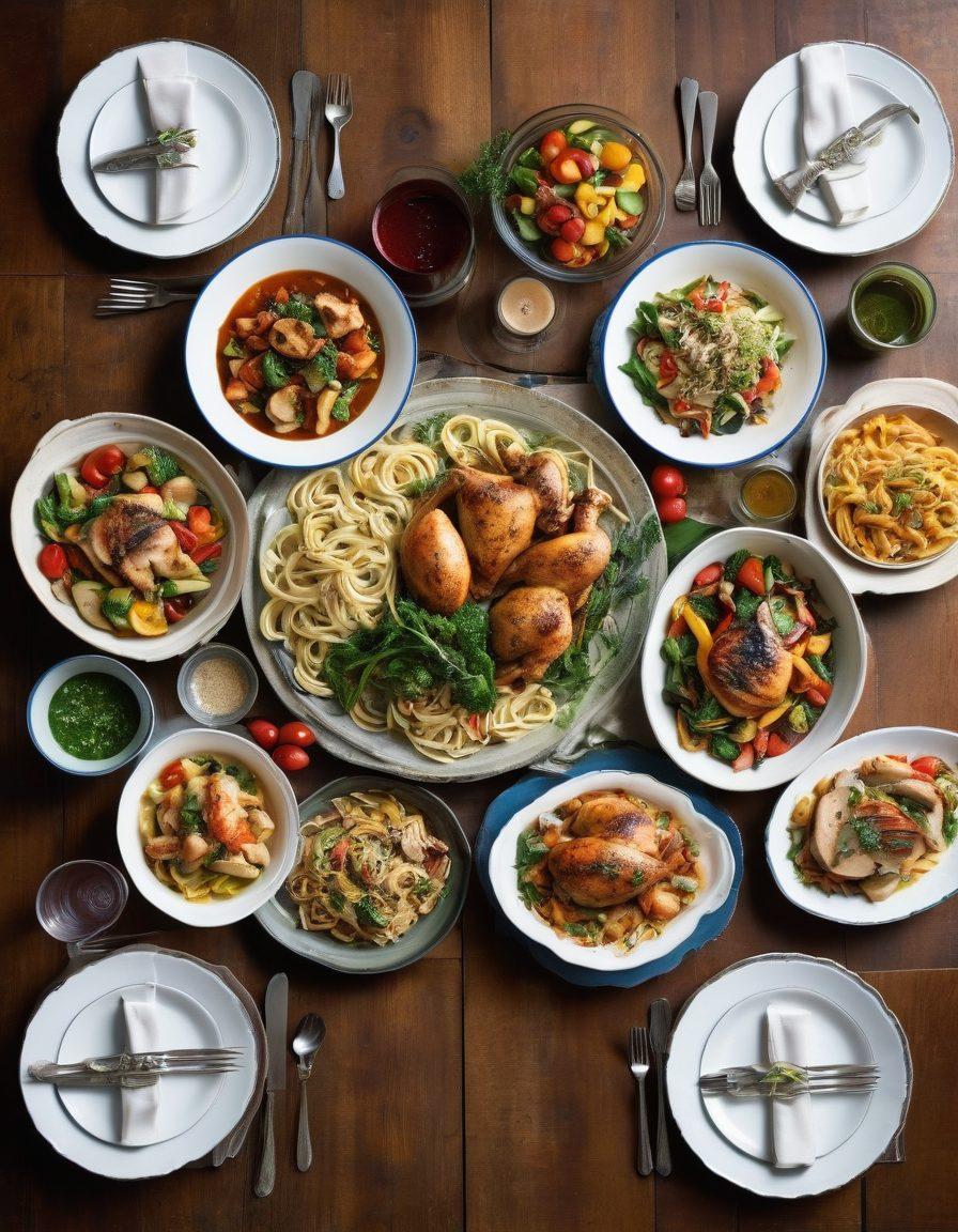 A beautifully arranged dining table featuring a variety of family-friendly chicken dishes, like grilled chicken with herbs, creamy chicken pasta, and a colorful chicken stir-fry. The table is set with vibrant plates, fresh vegetables, and bowls of sauces, creating a warm, inviting atmosphere. Soft, natural lighting highlights the delicious textures of the food, while happy family members enjoy their meal together. Rustic wooden background for a homey feel. super-realistic. vibrant colors.