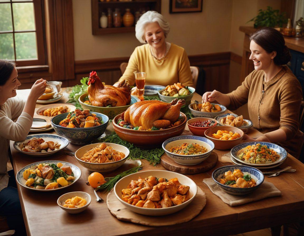 A cozy kitchen scene with a beautifully set wooden dining table showcasing 10 colorful chicken dishes in vibrant ceramic bowls. Family members joyfully sharing a meal, laughter in the air, and aromatic herbs scattered across the table. Soft warm lighting casts a welcoming glow, highlighting the textures of the food and the warmth of the family atmosphere. super-realistic. warm colors. inviting ambiance.