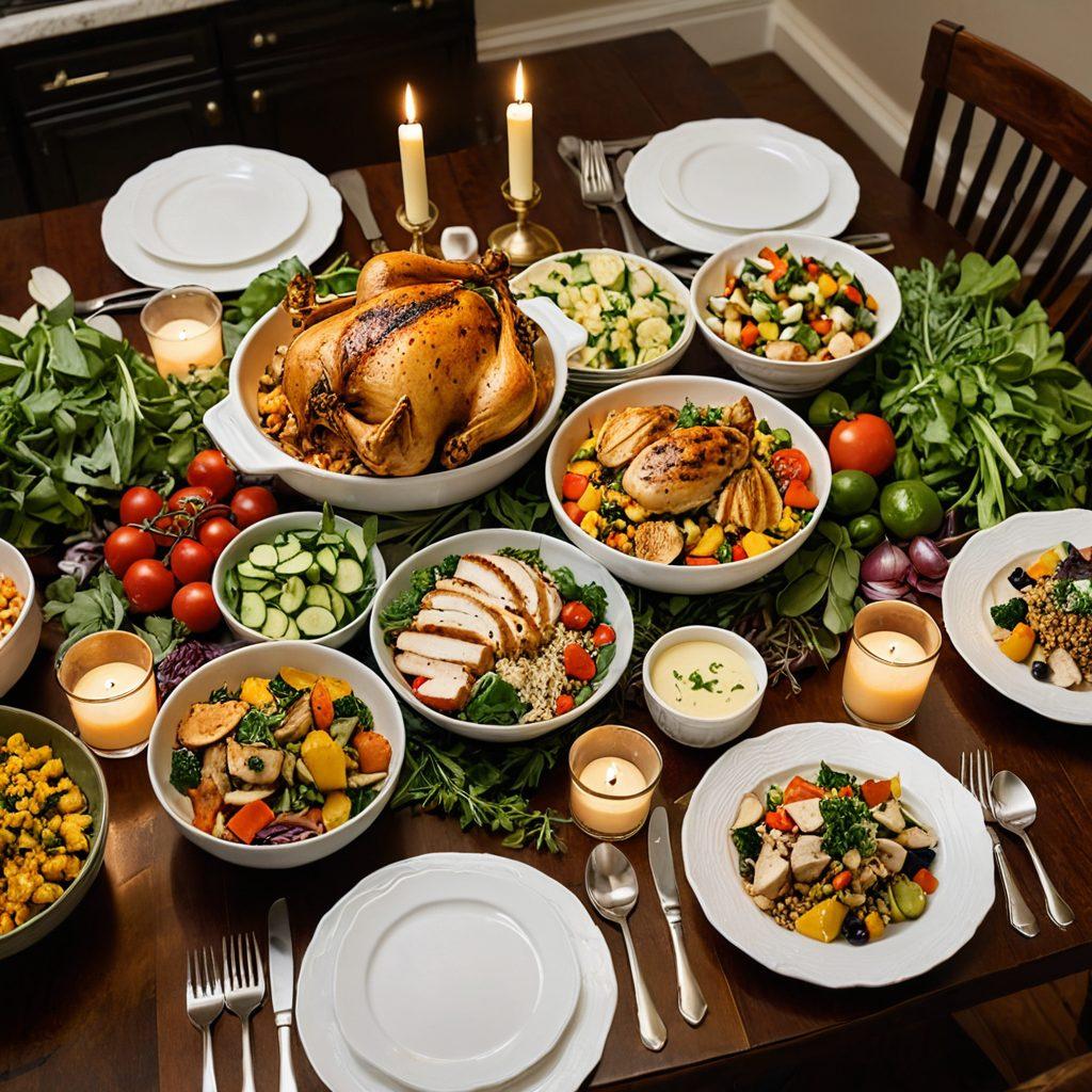 A beautifully arranged dinner table featuring a variety of chicken dishes, including a savory grilled chicken, a hearty curry, and a fresh chicken salad, all garnished with colorful herbs and vegetables. Candlelight casts a warm glow making it inviting for weeknight dining. Subtle ingredients and fresh produce are scattered around to showcase effortless cooking. The backdrop features a cozy kitchen setting, blending homey vibes with culinary excitement. super-realistic. vibrant colors. warm lighting.